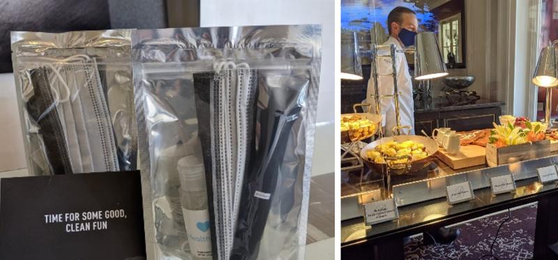 mask and sanitizer pack and buffet guards to mitigate health risk